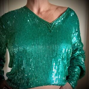 Green Sequin and Silk V-Neck Top